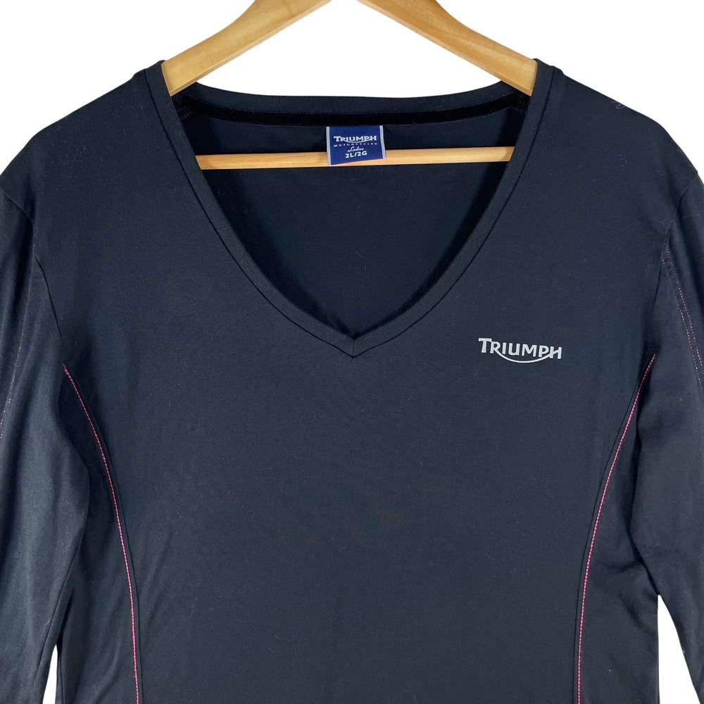 official triumph motorcycles v-neck long sleeve top XL fitted black pink accents